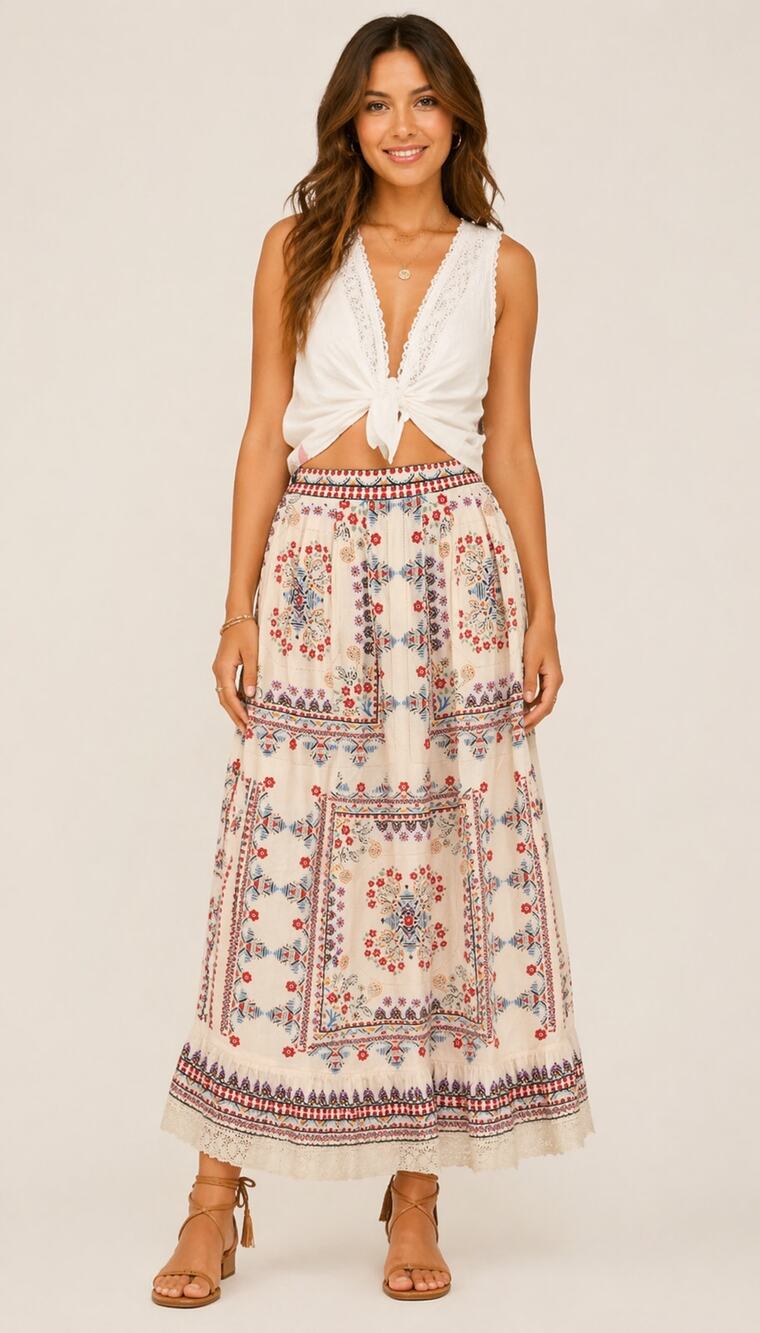 M.A.B.E Eden Maxi Skirt Womens Small Cotton Silk Boho Floral Tiered New Bohemian